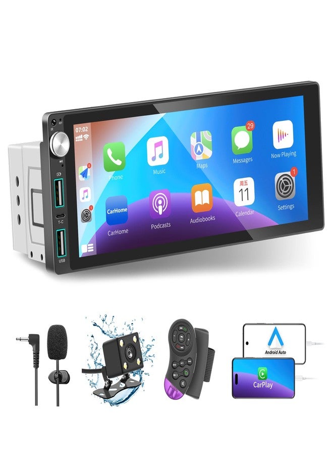 LSLYA Single Din Car Stereo with Apple Carplay Android Auto,6.9 Inch IPS Touchscreen, 1 Din Car Audio Receivers wtih Bluetooth Handsfree/FM/AM/Dual USB/Type-C/EQ/SWC/GPS Navigation/Backup Camera/Microphone - Image 1